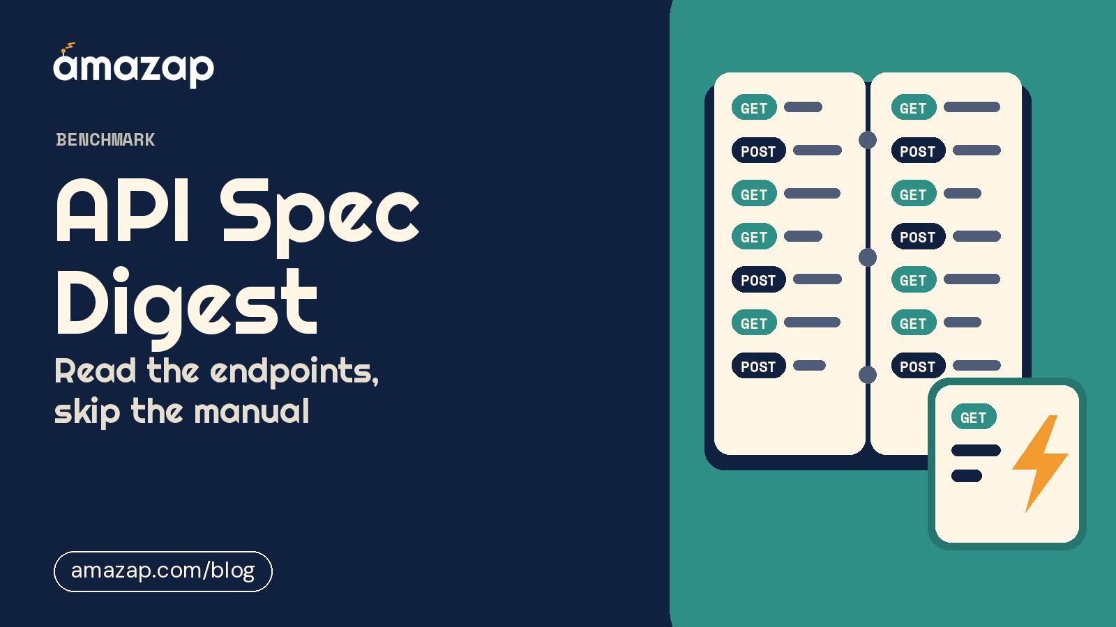 Retro illustration of a tall stack of cream sheets beside one small cream card with short lines and an amber lightning bolt, on a navy background. Headline: Read the endpoints, skip the manual.