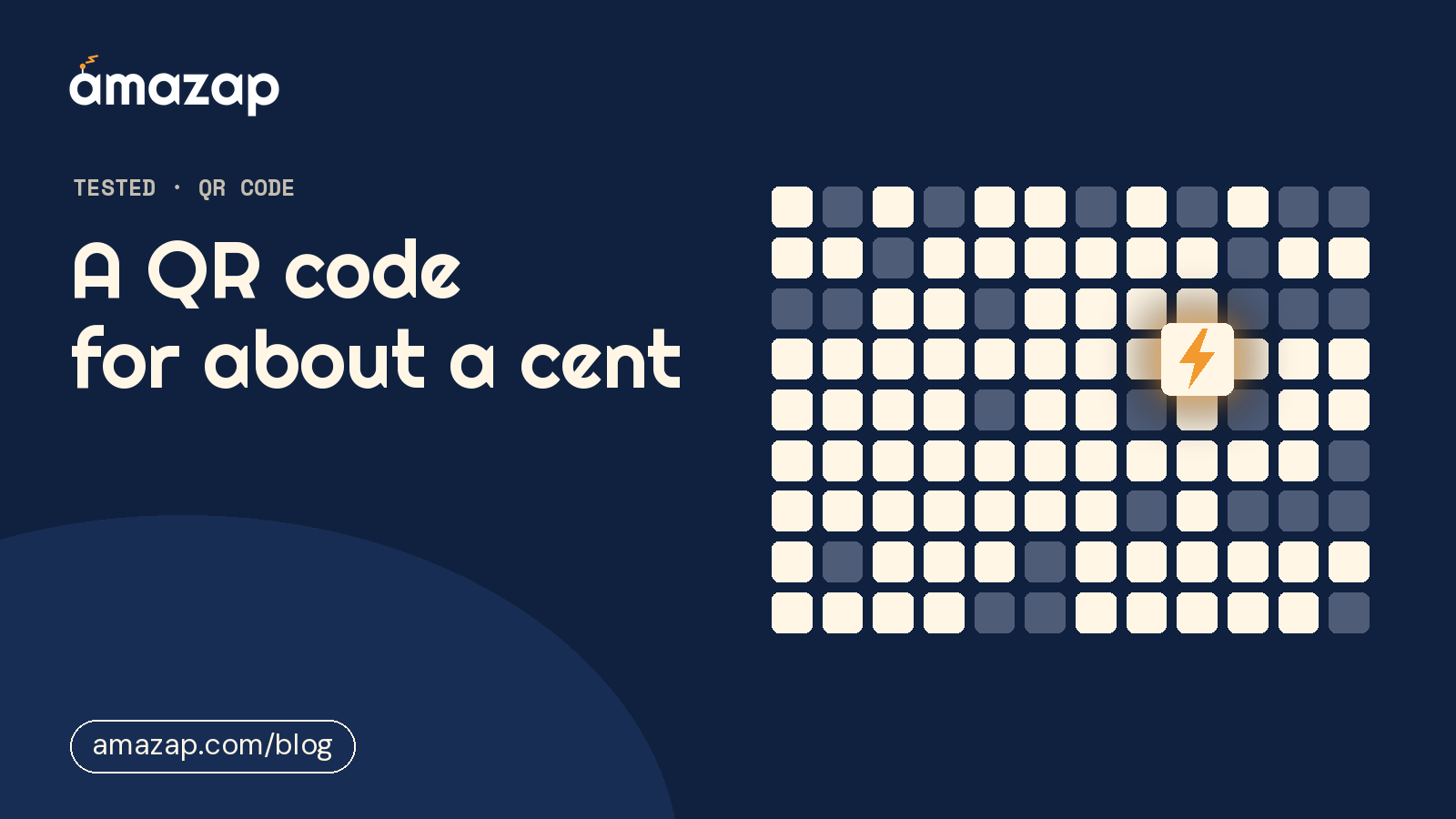 Retro illustration of a grid of cream squares on a navy background, with one square glowing around an amber lightning bolt. Headline: A QR code for about a cent.