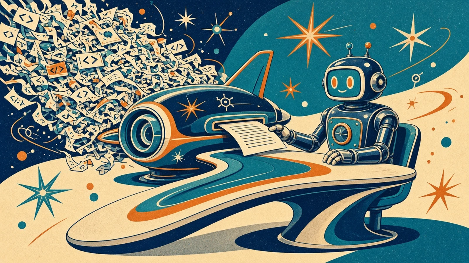 Retro illustration: a pile of code scraps goes into a machine that hands one clean page to a robot.